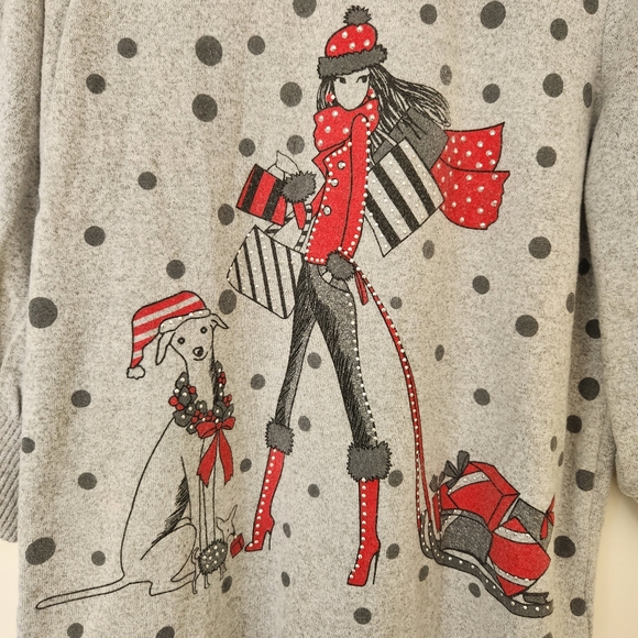 Holiday Sweater Girl & Dog Polka Dots Gray Studs Studded Sparkle Girly Glam L - Picture 5 of 16